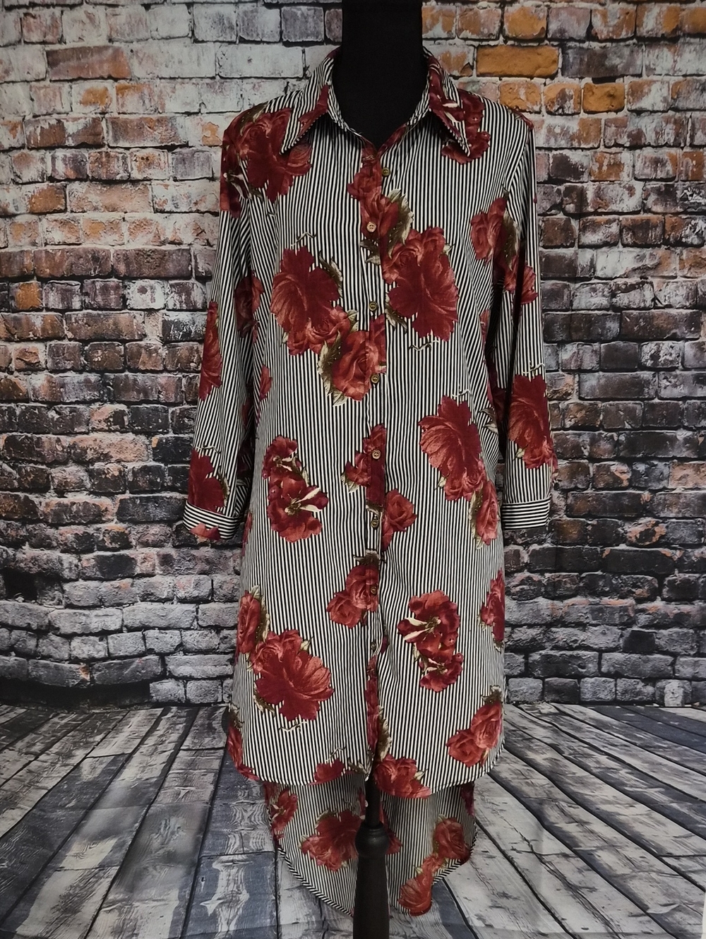 New Glory Black-and-White Striped Top with Red Floral Accent